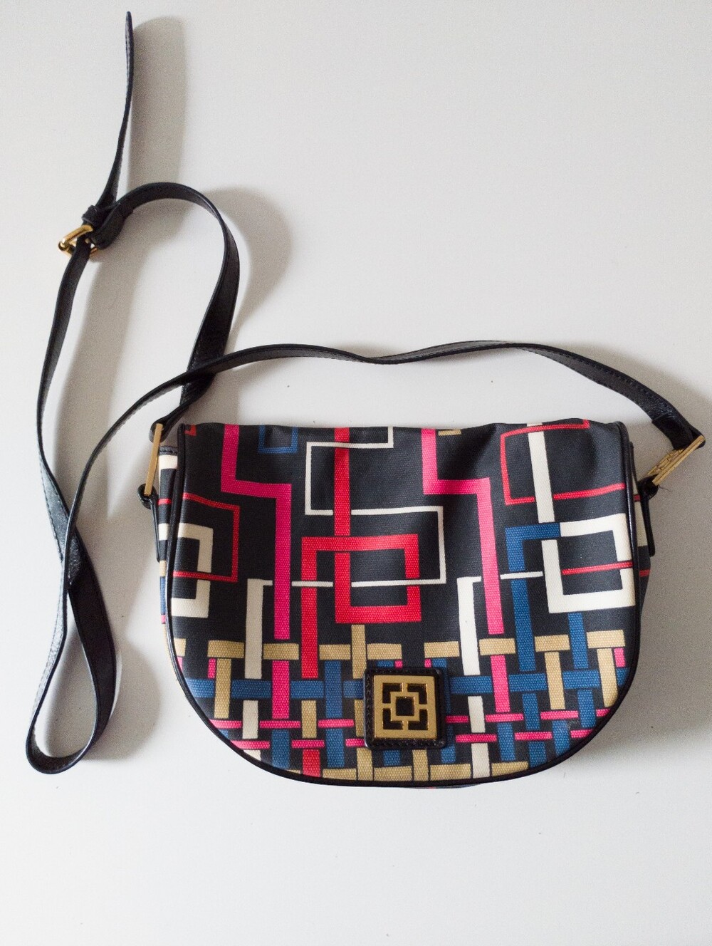 Trina Turk Geometric Canvas & Leather Trim Crossbody Saddle Bag Mod Graphic